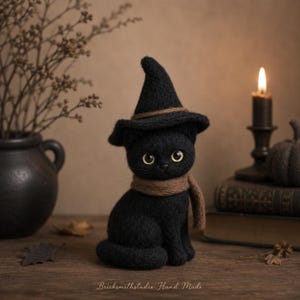 Black Cat Needle Felted Miniature, Handmade Witch Cat Decor, Wool Felt Kitty Figurine, Gothic Halloween Gift, Tiny Cat Collectible
