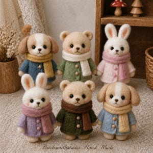 Cute Felt Animal Doll，Handmade Wool Felt，Bear Bunny Puppy Miniature Plush Toy，Nursery Decor Gift