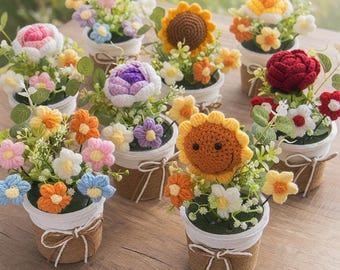 Handmade Crochet Plant Pot, Everlasting Wildflower Bouquet, Happy Sunflower Desk Decor, Custom Tag Gift, Knitted Flowers Home Accent