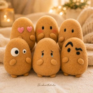 May include: Six tan needle-felted potato-shaped figures with distinct facial expressions, including hearts, blushing cheeks, tears, and raised eyebrows. Each figure has small arms and a textured surface. The text Bricksmithstudio is visible at the bottom.