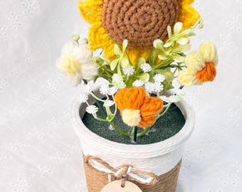 Crochet Plant Pot, Happy Sunflower Desk Decor, Custom Tag Gift, Home Accent