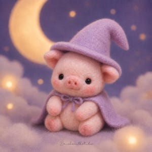 May include: A needle-felted pink pig figurine wearing a light purple pointed hat and a matching cape tied with a small bow at the neck. The pig has small black eyes and rosy cheeks, positioned against a purple background with a crescent moon.