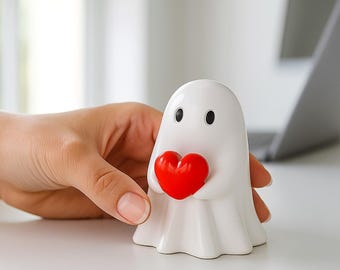 Cute Ghost Figurine with Heart, Cute Trick or Treat Ghost, Halloween Decoration Desk Display, Spooky Home Decor, Unique Gifts, Gift for her