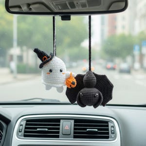 Handmade Crochet Halloween Car Charm, Finished Ghost and Pumpkin Ornament, Ready to Hang Crochet Car Accessory, Spooky Halloween Gift
