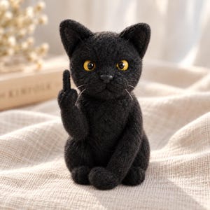 May include: A needle-felted black cat figurine with bright yellow eyes and white whiskers. The cat is sitting in an upright position with one front paw raised, extending its middle finger in a gesture. The texture of the cat is fuzzy and dense.