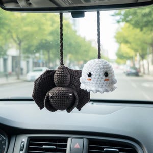 Crochet Halloween Car Charm, Finished Ghost and Pumpkin Rearview Mirror Hanging, Ready to Hang Crochet Car Accessory, Spooky Decor Gift
