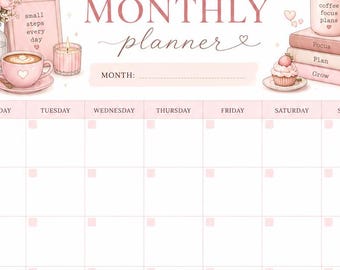 May include: A monthly planner page in shades of soft pink featuring a calendar grid, sections for top priorities, monthly goals, important dates, a to-do list, and notes. The design includes illustrations of flowers, books, coffee, and candles.