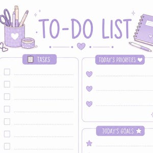 May include: A light purple to-do list planner page featuring sections for tasks, priorities, goals, reminders, and notes. The design includes illustrations of a pencil holder, a spiral notebook, a pencil, and a stack of books with heart accents.