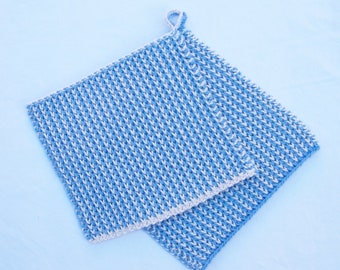 Knit Pot Holder Set, Blue & White Pot Holders, Cotton Pot Holder Set, Extra Thick Pot Holders, Housewarming Gift, Extra Large Pot Holders