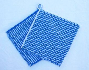 Knit Pot Holder Set, Blue & White Pot Holders, Cotton Pot Holder Set, Extra Thick Pot Holders, Big Pot Holders, Housewarming Gift