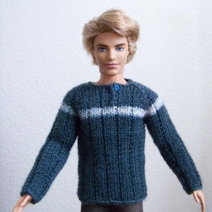1/6 Scale Hand Knit Doll Sweater: Blue Henley Pullover