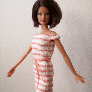 Fashion Doll Dress, Doll Clothes, Knit Doll Dress, Off the Shoulder Doll Dress, Striped Doll Dress, Orange and White Fashion Doll Dress zdjęcie 5