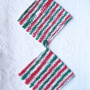 Hand Knit Cotton Potholders: Extra Thick Red, Green, and White (Set of 2)
