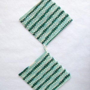 Hand Knit Cotton Pot Holders: Variegated Green & White, Set of 2