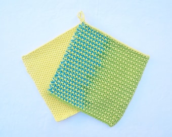 Pot Holder Set, Yellow & Green Pot Holders, Matching Cotton Pot Holders, Two Extra Thick PotHolders, Large Pot Holders, Barbecue Pot Holders