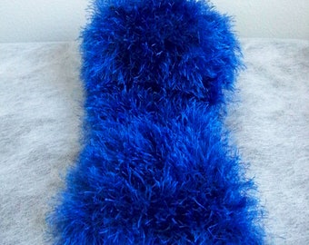 Blue Boa Scarf, Hand Knit Scarf, Fuzzy Blue Muffler, Royal Blue Scarf, Bright Blue Muffler, Electric Blue Feathery Scarf, Bright Blue Boa