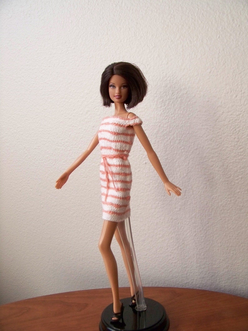 Fashion Doll Dress, Doll Clothes, Knit Doll Dress, Off the Shoulder Doll Dress, Striped Doll Dress, Orange and White Fashion Doll Dress zdjęcie 3