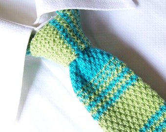 Striped Tie, Hand Knit Tie, Silk Blend Necktie, Blue And Green Tie, Skinny Tie, Vintage Inspired Tie, ThinTie, Knitted Necktie, Skinny Tie