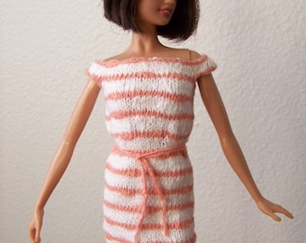 Fashion Doll Dress, Doll Clothes, Knit Doll Dress, Off the Shoulder Doll Dress, Striped Doll Dress, Orange and White Fashion Doll Dress