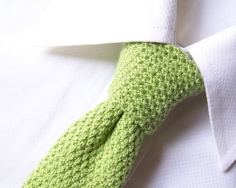 Silk Knit Tie, Green Necktie, Hand Knit Necktie, Skinny Tie, Knitted Tie, Thin Tie, Neon Green Tie, Vintage Inspired Knit Tie, Dad's Gift