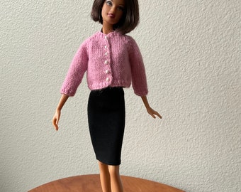 Pink Three-Quarter Sleeve Doll Sweater, 1/6th Scale Fashion Doll Sweater, Hand Knit Doll Sweater, Bluish Pink Doll Cardigan