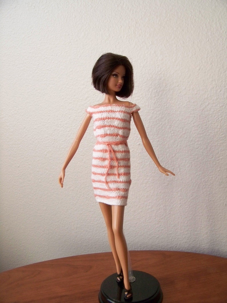 Fashion Doll Dress, Doll Clothes, Knit Doll Dress, Off the Shoulder Doll Dress, Striped Doll Dress, Orange and White Fashion Doll Dress zdjęcie 4