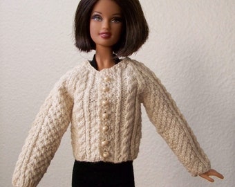 Fashion Doll Sweater, One Sixth Scale Doll sweater, Fashion Doll Clothes, Knitted Doll Clothes, Hand Knit Doll Sweater, Fisherman Cables