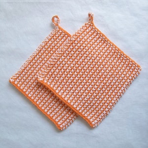 Hand Knit Cotton Pot Holders: Extra Thick Orange & White, Set of 2