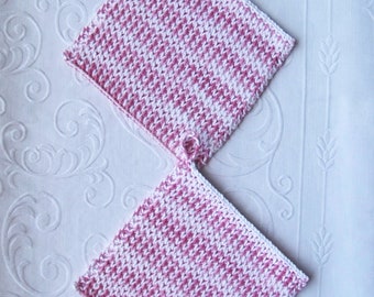 Knit Pot Holder Set, Red, Pink & White Pot Holders, Cotton Pot Holders, Extra Thick Pot Holders, Housewarming Gift, Barbecue Pot Holders