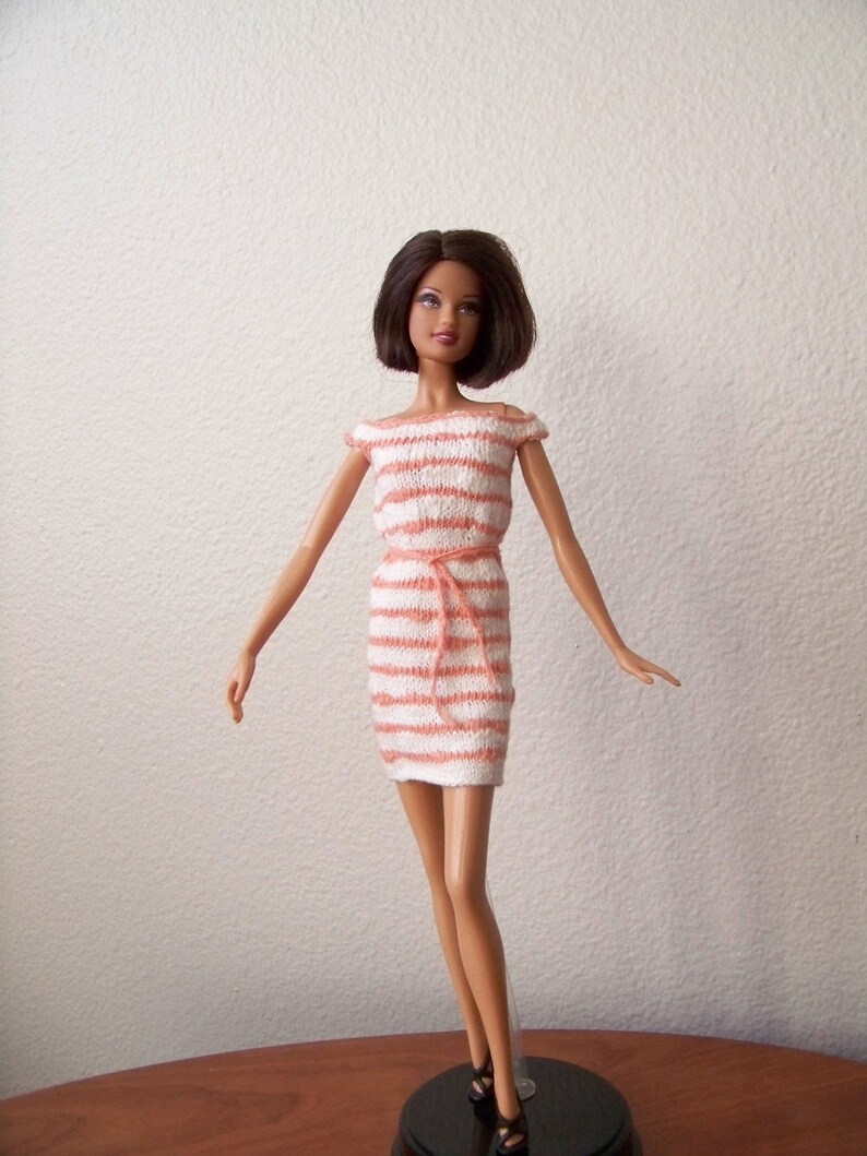 Fashion Doll Dress, Doll Clothes, Knit Doll Dress, Off the Shoulder Doll Dress, Striped Doll Dress, Orange and White Fashion Doll Dress zdjęcie 2