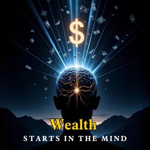 Könnte beinhalten: Digitales Kunstwerk, das die Silhouette einer Person mit einem leuchtenden Gehirn, einem Dollarzeichen und Lichtstrahlen zeigt. Geldscheine schweben in der Luft. Der Text lautet "Wealth Starts in the Mind."