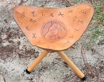 Vintage Tripod Stool Leather Steerhide Horse Western Sears Child Or Large Doll