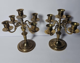 Pair Of Solid Brass Candelabra 5 Flame 4 Arm Solid Brass M Marking On Bottom MCM