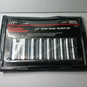 Juego de 10 llaves de vaso de 3/8" con soporte, nuevas, de la marca Popular Mechanics (modelo 26623), con portavasos y punta profunda.