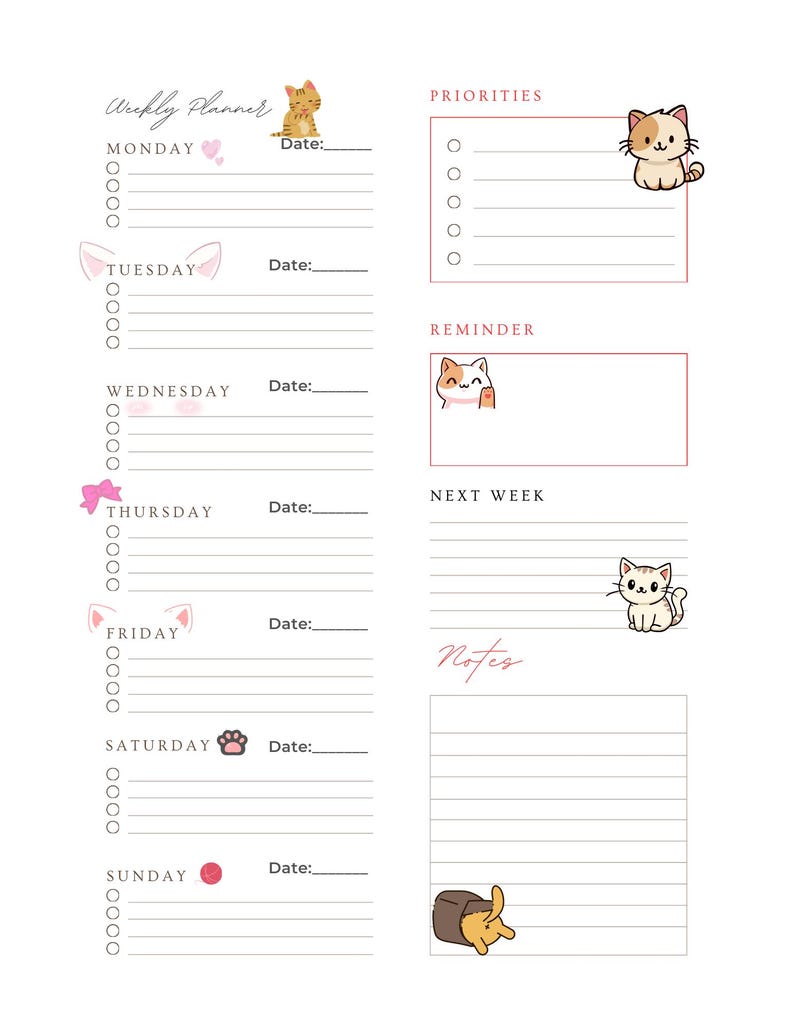 Cute Cat Weekly Planner Printable | Kawaii Kitty Agenda, Instant ...
