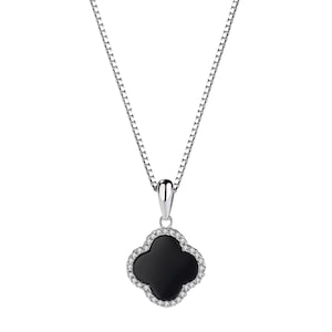 Elegant Black Onyx Pendant Necklace with Diamond Halo – Sterling Silver, Luxury Statement Jewelry, Classic Gift for Her