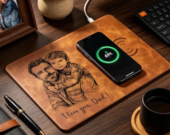 Benutzerdefinierte Foto Skizze Line Art Schreibtischmatte, personalisierte Papa Wir lieben dich Foto Wireless Ladegerät Pad, Vatertagsgeschenk für Ehemann / Papa / Freund.