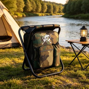 Custom Embroidered Backpack Folding Camping Chair | Oxford Fabric Portable Stool with Cooler Pouch | Gift for Dad, Husband, Fisherman,Camper