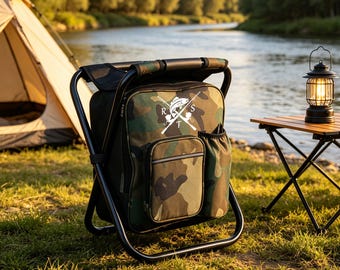 Silla plegable tipo mochila bordada personalizada para camping / Taburete portátil de tela Oxford con bolsa isotérmica / Regalo para papá, marido, pescador o campista