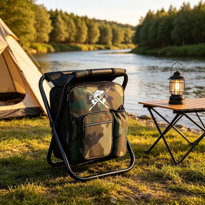 Puede incluir: Una silla mochila con estampado de camuflaje y estructura de metal negro, que cuenta con un bolsillo frontal, un bolsillo lateral de malla y un logotipo gr&aacute;fico blanco de un pez con ca&ntilde;as de pescar cruzadas y las letras R, S, T y U.