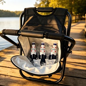 Puede incluir: Una silla plegable negra con un compartimento refrigerador aislado integrado que contiene tres botellas de vidrio de cerveza 1664 Le Or entre cubitos de hielo. La silla cuenta con un marco de metal negro, reposabrazos acolchados y forro blanco.