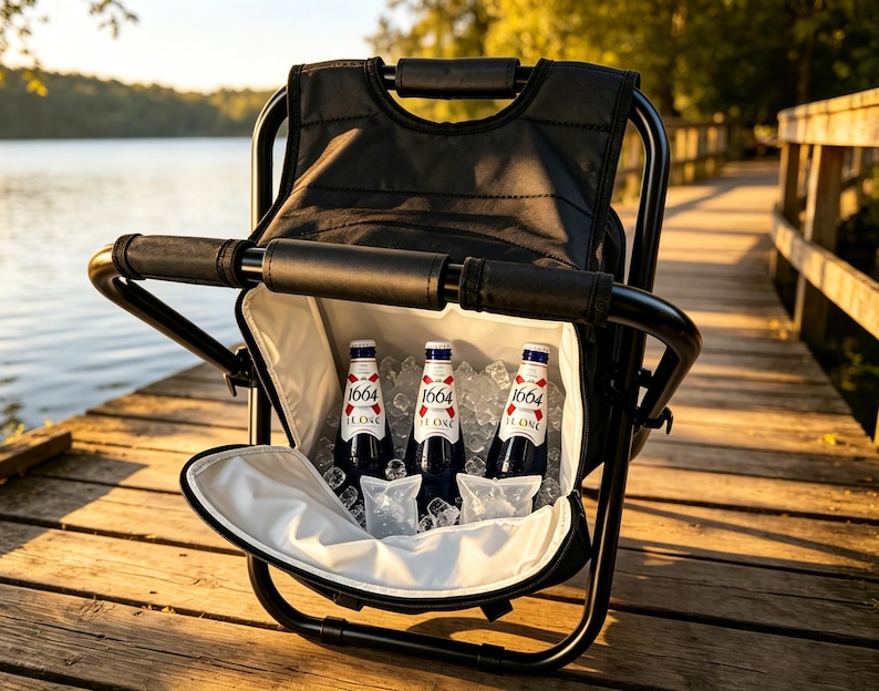 Puede incluir: Una silla plegable negra con un compartimento refrigerador aislado integrado que contiene tres botellas de vidrio de cerveza 1664 Le Or entre cubitos de hielo. La silla cuenta con un marco de metal negro, reposabrazos acolchados y forro blanco.