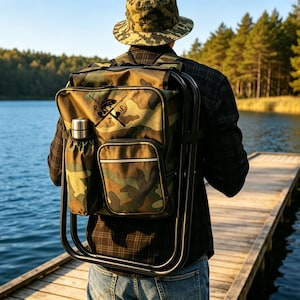 Puede incluir: Una mochila con estampado de camuflaje y estructura de silla plegable integrada, con un logotipo negro que muestra las letras R, T y S alrededor de un gr&aacute;fico de pez. Incluye un bolsillo lateral con una botella de metal plateado y un bolsillo frontal.
