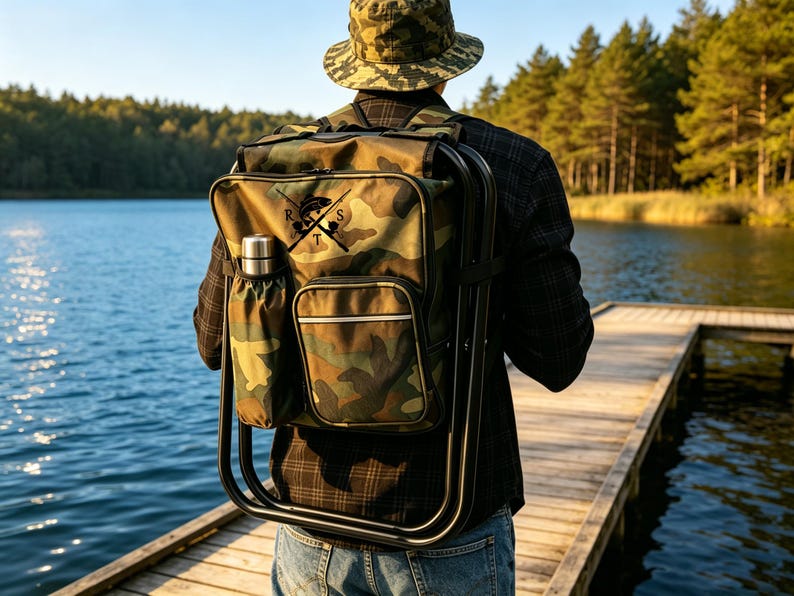 Puede incluir: Una mochila con estampado de camuflaje y estructura de silla plegable integrada, con un logotipo negro que muestra las letras R, T y S alrededor de un gr&aacute;fico de pez. Incluye un bolsillo lateral con una botella de metal plateado y un bolsillo frontal.