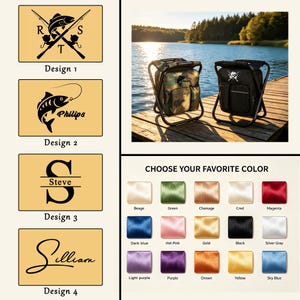 Puede incluir: Dos taburetes plegables port&aacute;tiles con bolsas de almacenamiento adjuntas, uno en camuflaje y otro en negro. La imagen muestra cuatro opciones de dise&ntilde;o personalizadas con motivos de pesca y nombres, junto a una carta de quince colores.