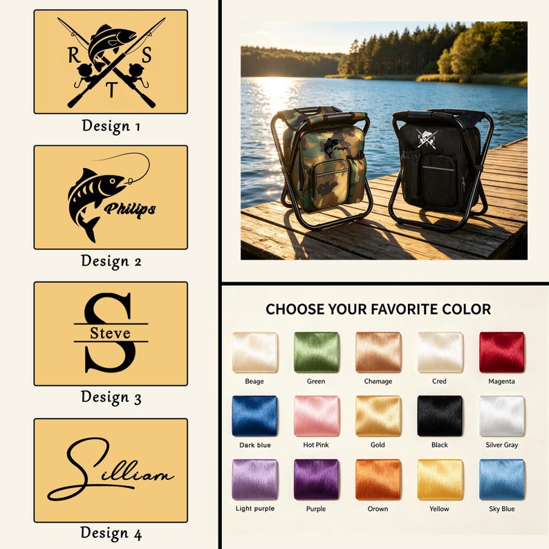 Puede incluir: Dos taburetes plegables port&aacute;tiles con bolsas de almacenamiento adjuntas, uno en camuflaje y otro en negro. La imagen muestra cuatro opciones de dise&ntilde;o personalizadas con motivos de pesca y nombres, junto a una carta de quince colores.