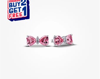 Brincos de laço rosa, brincos prateados, brincos pendentes, presente para meninas, brincos minimalistas, presentes para o Dia das Mães