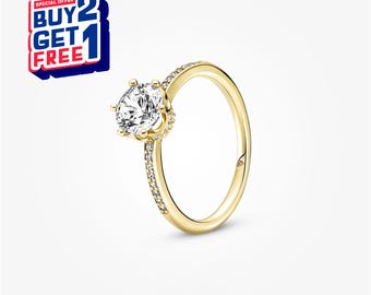 Heldere sprankelende kroon solitaire ring, zilveren ring, bungelring, cadeau voor meisjes, minimalistische ring, Moederdagcadeaus