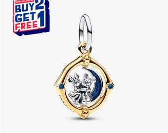 Disney Mickey & Minnie Two-Tone Rotating Moon Pendant Charm,Silver charm,Charms for Bracelet,Girl Dangle Charm,Patronus Charm,Gift for girls