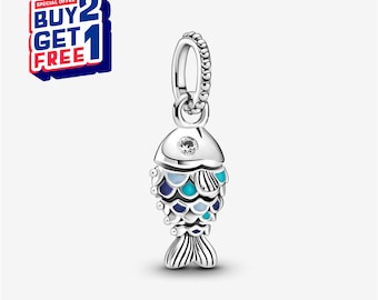 Blue Scaled Fish Dangle Charm, Silver Charm, Bracelet Charm, Gift for Girls